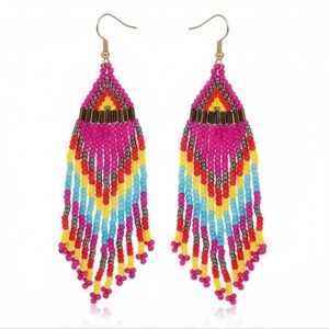 🆕️ Artisan Handmade Colorful Pink Beaded Dangle Earrings Traditional Tribe